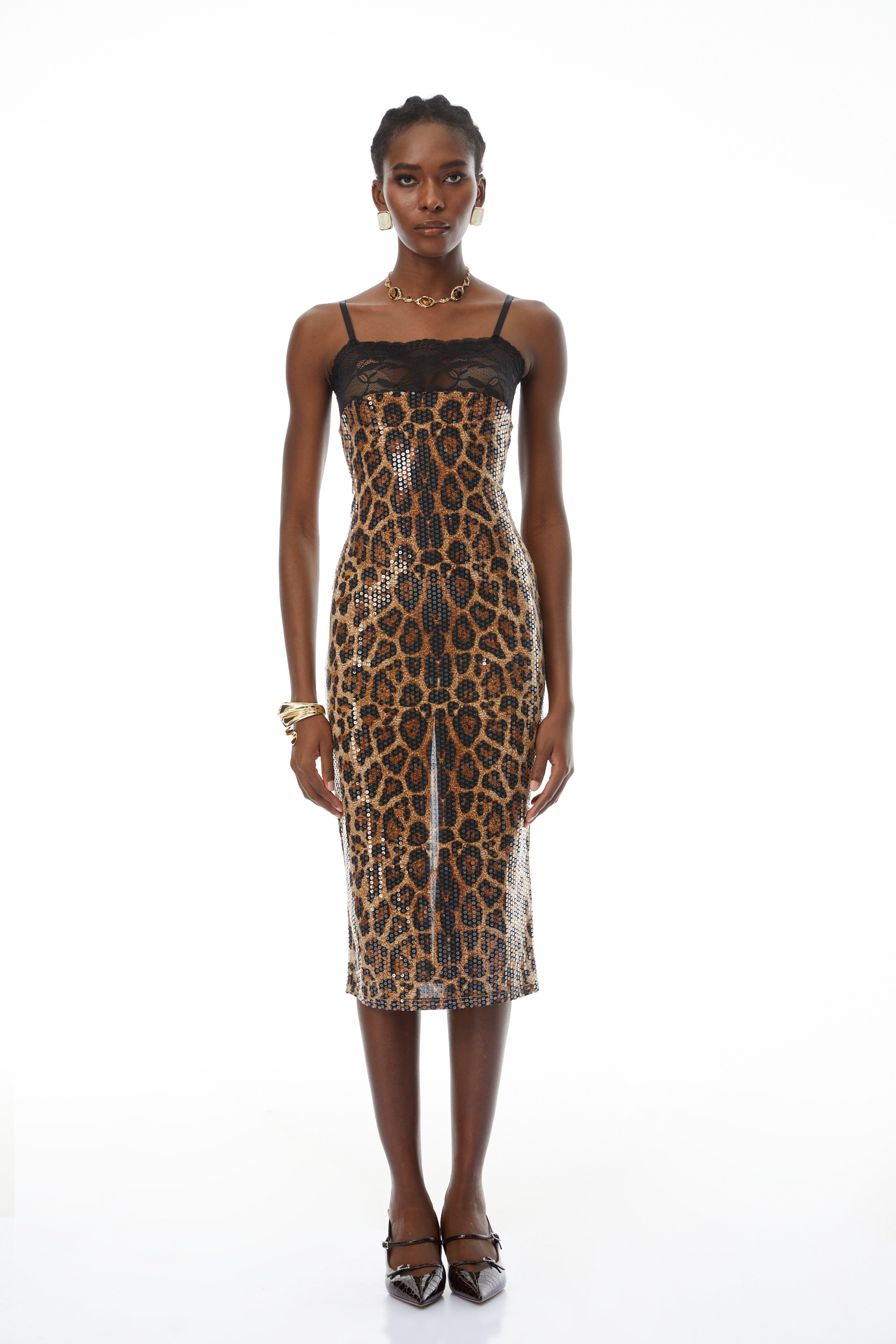 Pamela Leopard Sequin Midi Dress